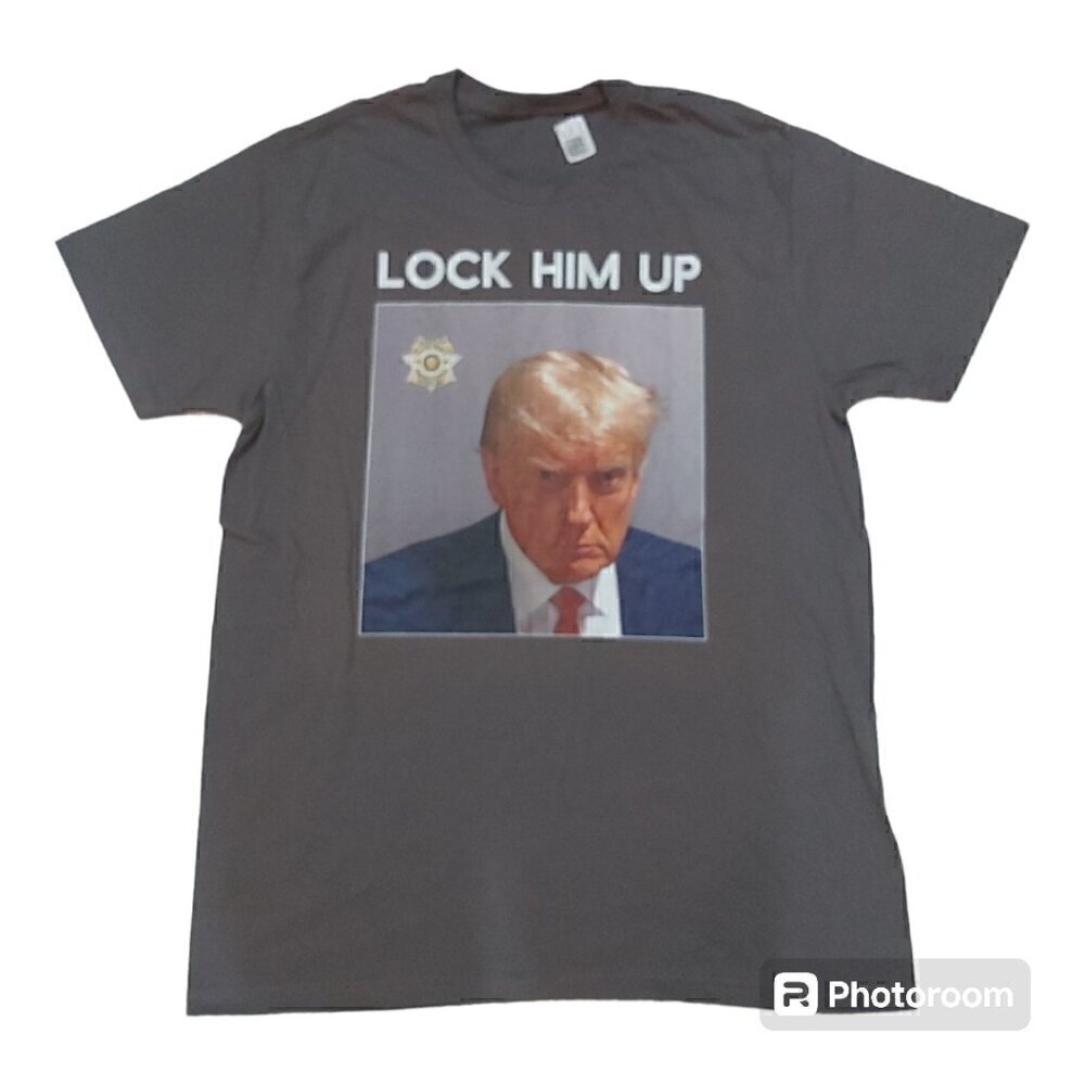 "Lock Him Up" Trump Gray 100% Cotton T-Shirt, Size Large
